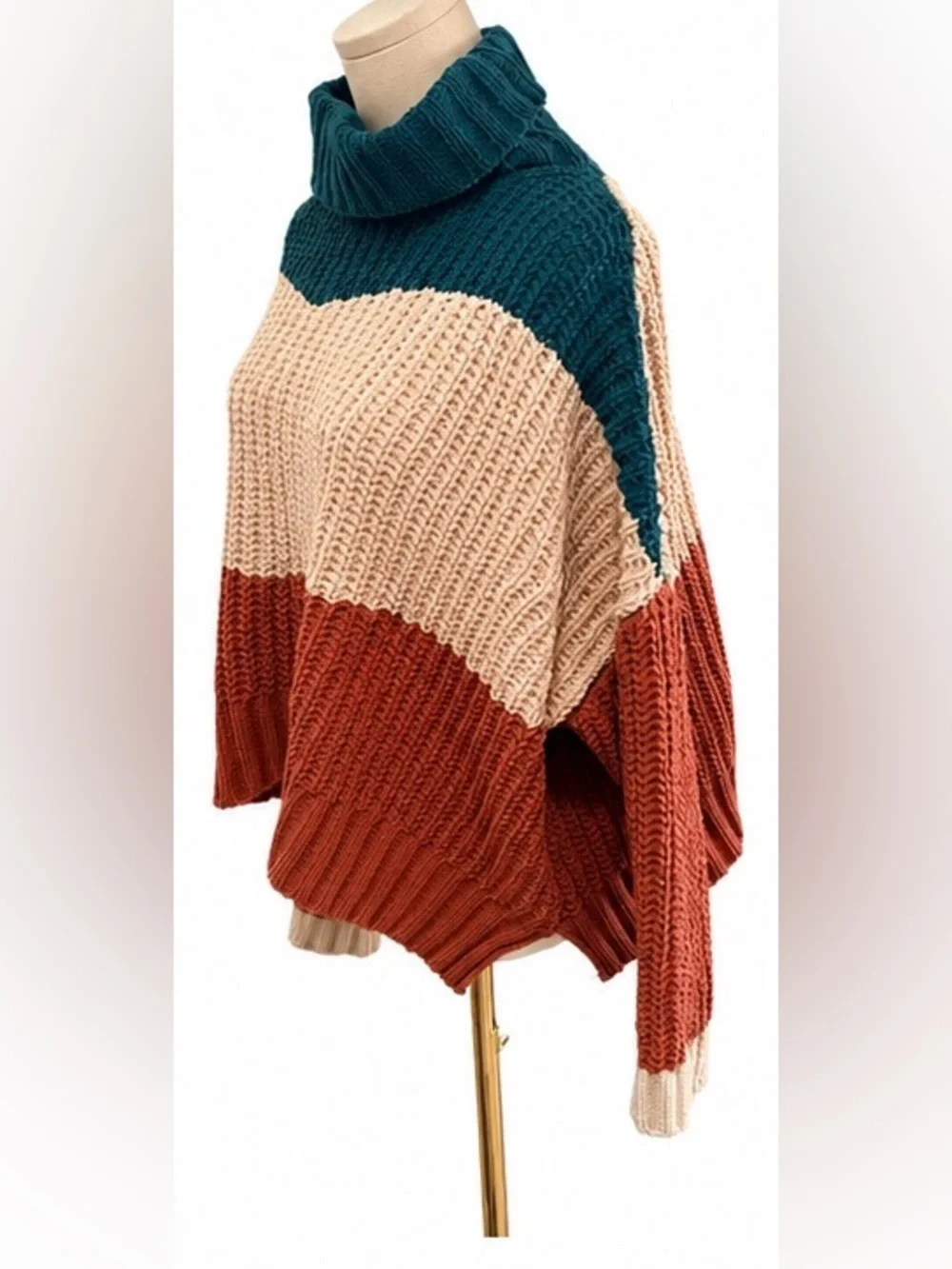 POL Oversized Chunky Knit Color Block Turtleneck Sweater Teal Cream Rust Medium